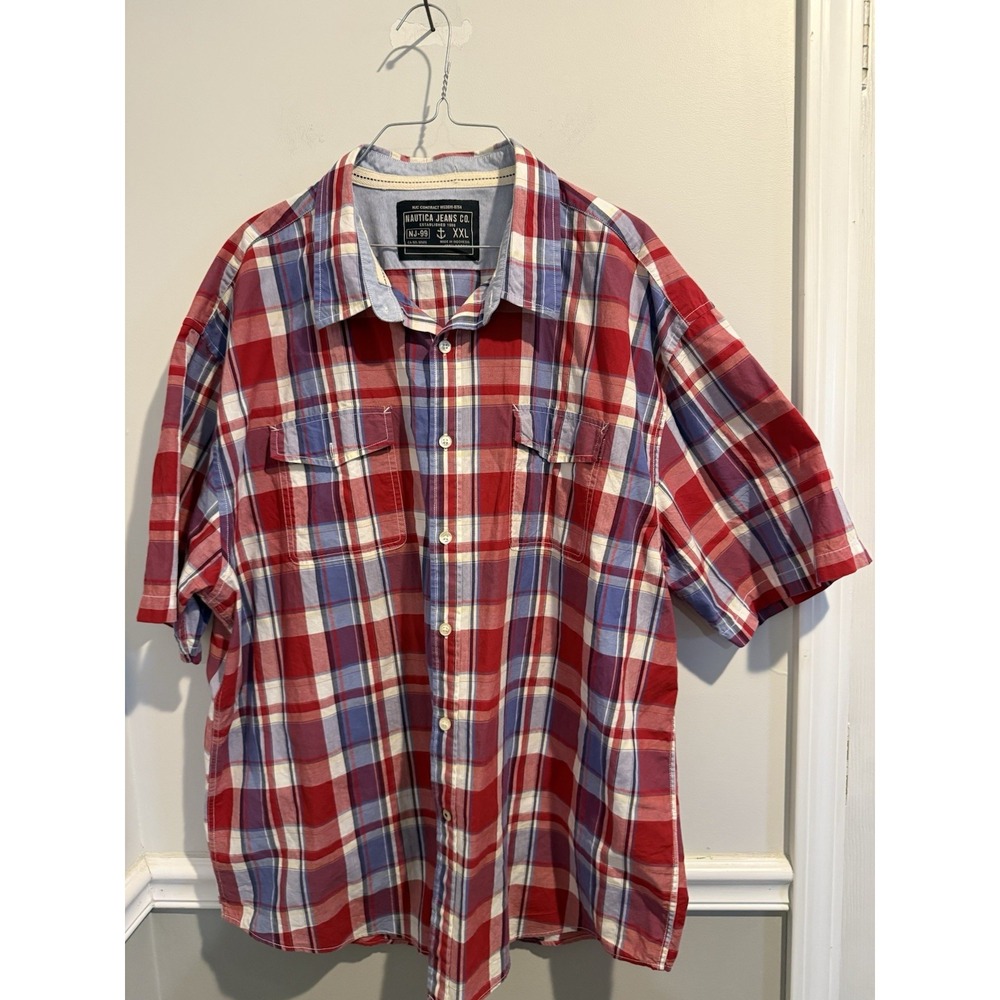 Nautica Mens Short Sleeve 100% Cotton Button Down Shirt Red Plaid XXL - Picture 5 of 5